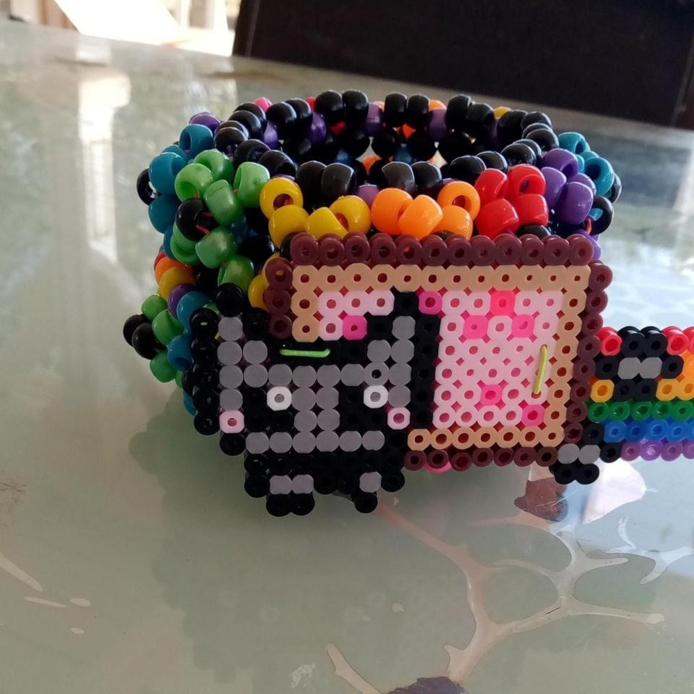Pop Tart Cat flying spinning rainbow 3D Kandi cuff that also rotates and spins